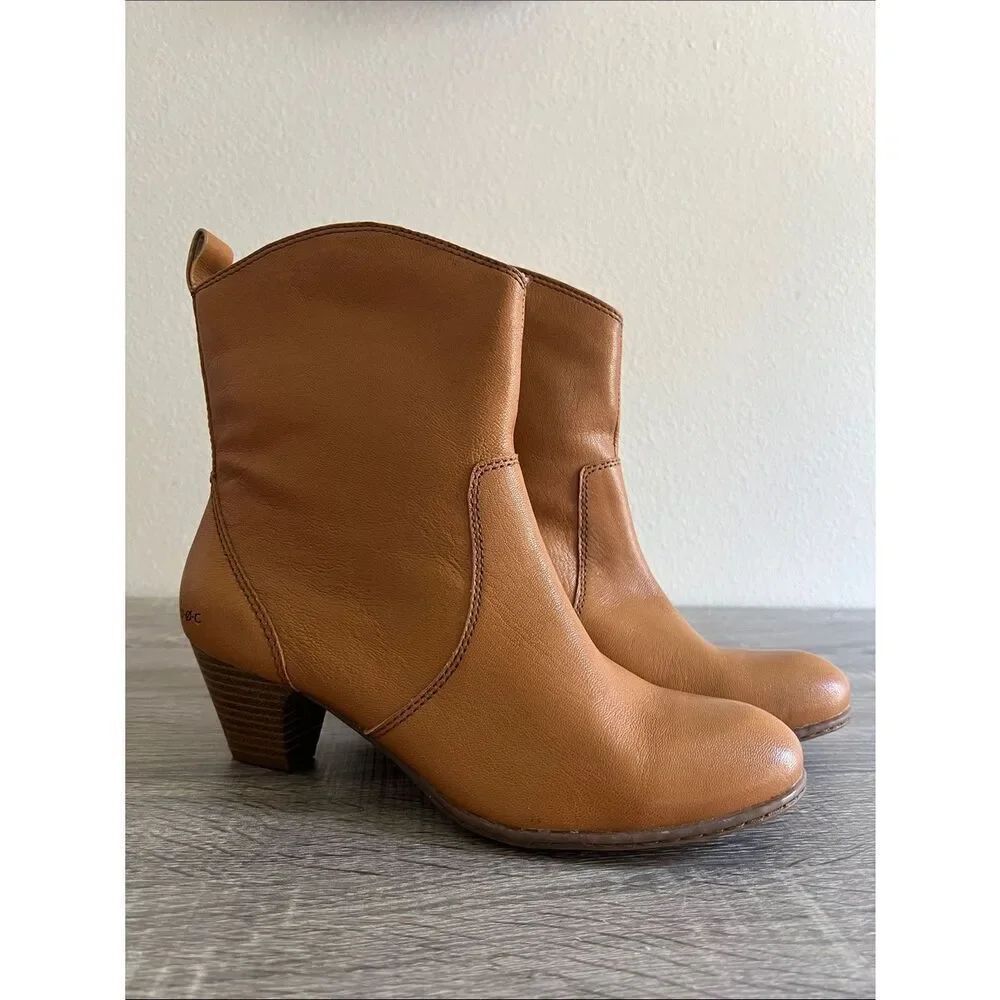 Boc Women's Western Tan Leather Ankle Pull Up 2" Heel Booties Boot 7.5